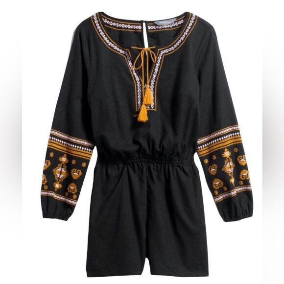 Boutique Embroidered Linen Moroccan Black Romper Pockets Size Medium - Picture 1 of 4